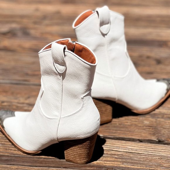 NEW White PU Leather Metal Cap Toe Block Heel Cowgirl Cowboy Western Ankle Boots - Picture 5 of 16